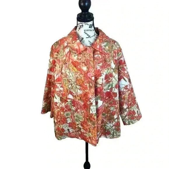 Analogy Plus 1X Peach Orange Green Blazer Crinkle Button Front Lined - Picture 1 of 6